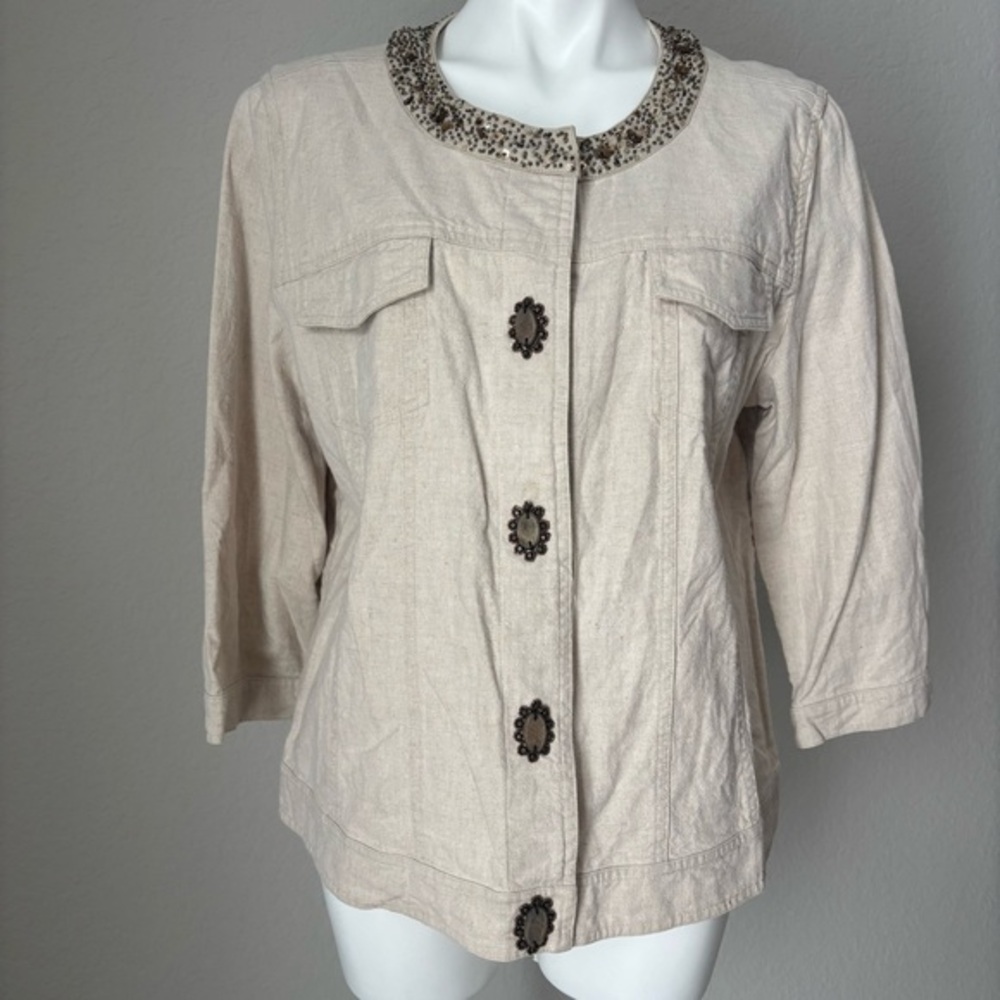 J. Jill Smocked Linen Blend Jacket Beaded Collar Stone Snap Buttons Beige Size L